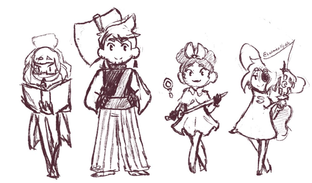 Messy sketch of Odile, Isabeau, Mirabelle, Siffrin from In Stars and Time as FFXIV classes.