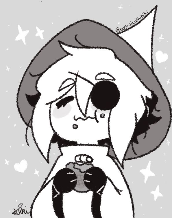 Siffrin from In Stars and Time, happily munching on a bread bun. 