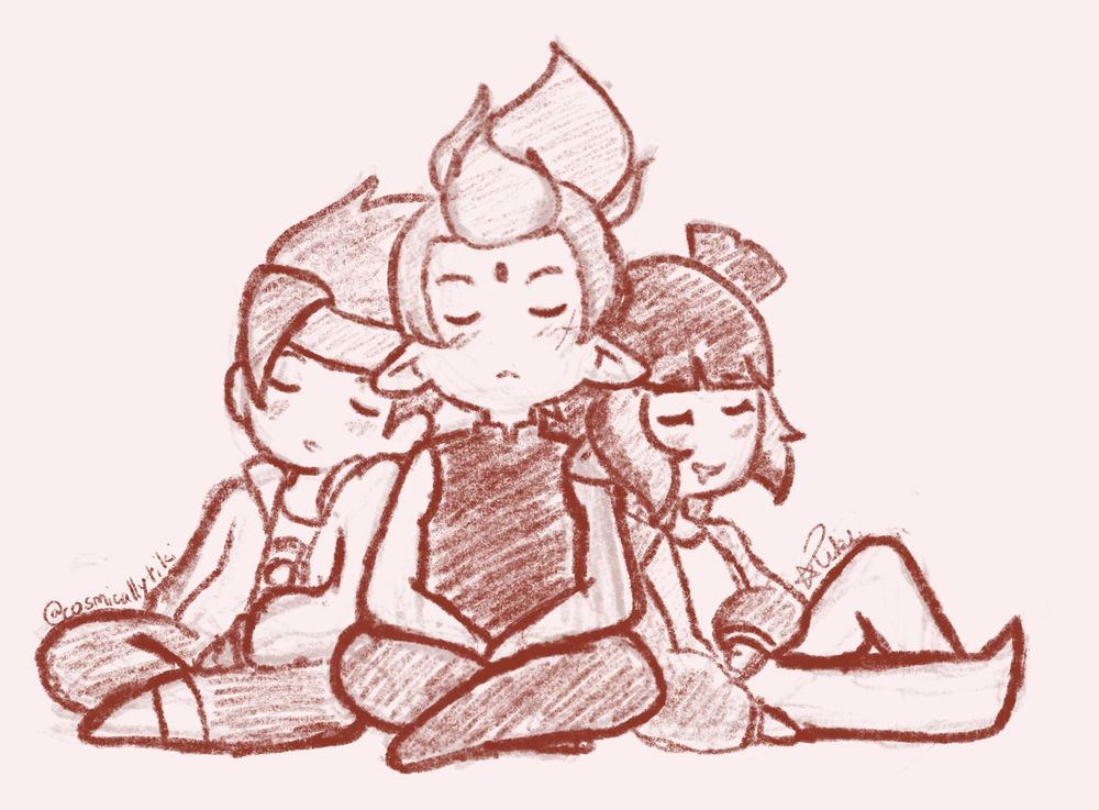 Traffic light trio (MK, Mei, & Red Son) resting on each other.
