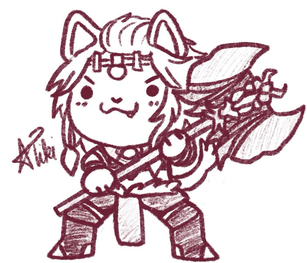 A chibi sketch of Wuk Lamat holding her ax with a :3 face.