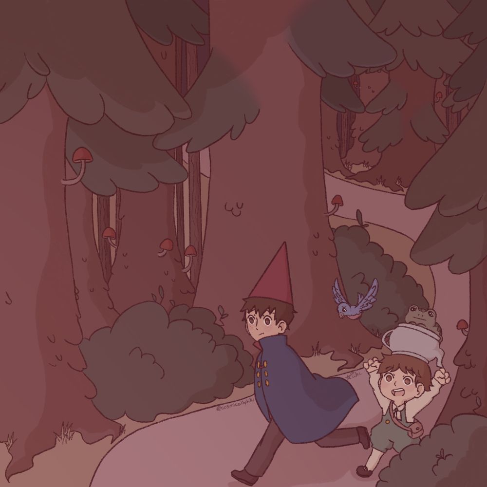 A boy with his younger brother, a bluebird, and frog walk through a pine tree forest. The elder brother, Wirt, wears a blue cape, dark brown pants, black shoes, and a pointy red hat. He has short messy brown hair. His younger brother, Greg, has green suspenders on, white tights, a white shirt, black buckled shoes, and a teapot on his head. He also has short brown hair but his is a bit lighter and curls slightly. On top of the teapot sits a frog. Both boys have brown eyes.