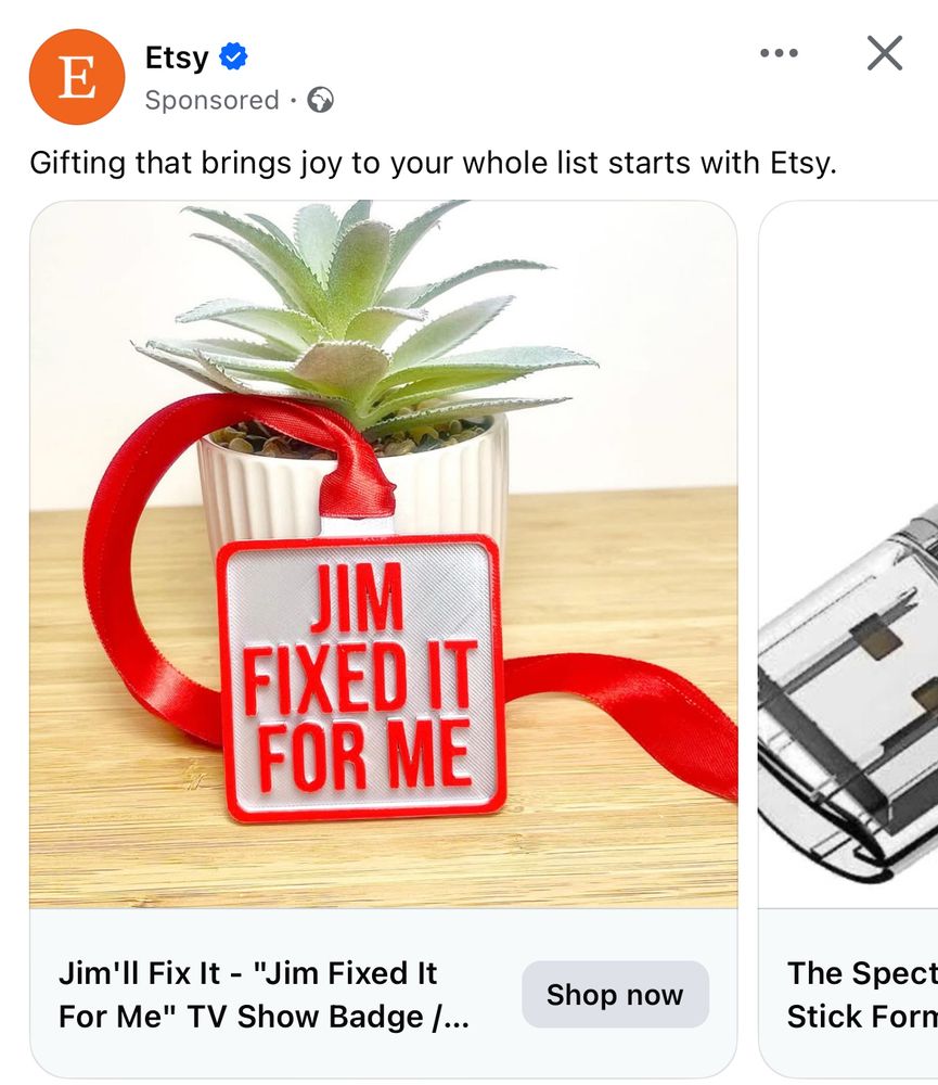 Facebook advert for Etsy advertising that they sell a "Jim'll Fix It" replica badge.