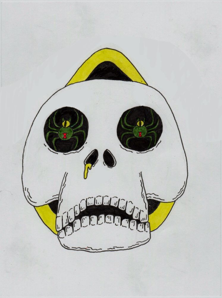 Pen and ink, drawing of a skeleton behind a yellow shape with yellow snot, coming out of its nose hole and green black widow spiders for eyes
