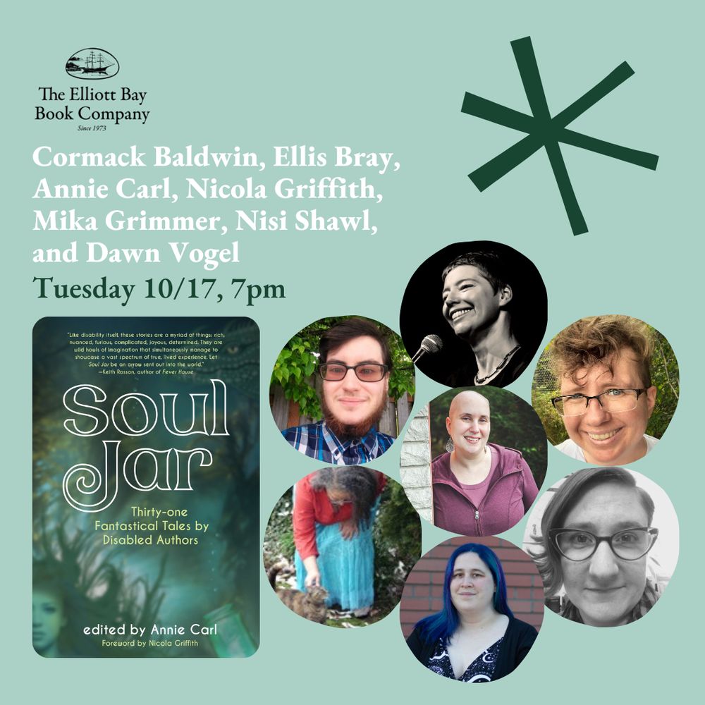 Seven circles with faces in them on a pale green background next to a book jacket that is green and underwater. Names: Cormack Baldwin, Ellis Bray, Annie Carl, Nicola Griffith, Mika Grimmer, Nisi Shawl, and Dawn Vogel.