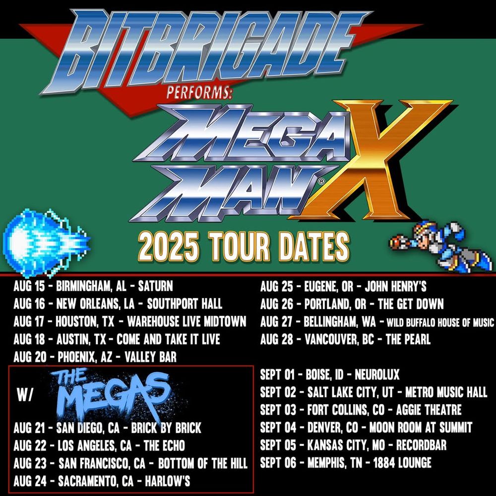 Poster for Bit Brigade tour dates, featuring the Megas for 4 shows in California. With an image of X firing his buster!
