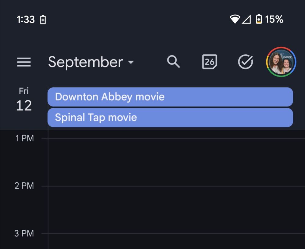 A screenshot of my calendar with reminders for the Downton Abbey movie and the Spinal Tap movie releases on the same day