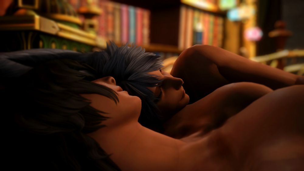 Rhaeth cuddles closely against his husband Cain, a black-haired Viera. While Cain wears a gentle smile on his face, Rhaeth looks content and relaxed. He feels safe and listens to the heartbeat of his partner.
