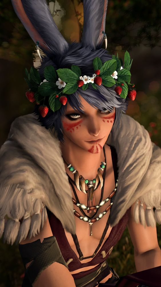 A waist-up shot of Rhaeth, illuminated by a nearby campfire. He wears a crown of strawberries, earrings and necklaces made of teeth and pearls and leather and fur garment. There's a gentle smile and a content expression shown on his face, which is marked with red paint. Trees and flowers are hinted in the background.