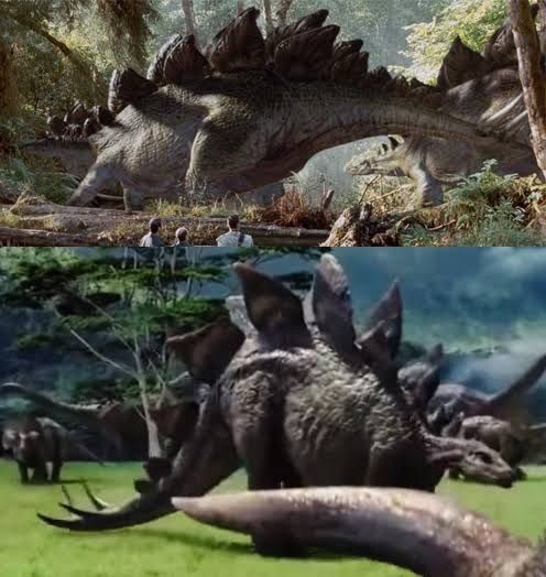 Stegosaurus in Jurassic Park vs Jurassic World, with the latter looking decades further out of date with a drooping tail. 