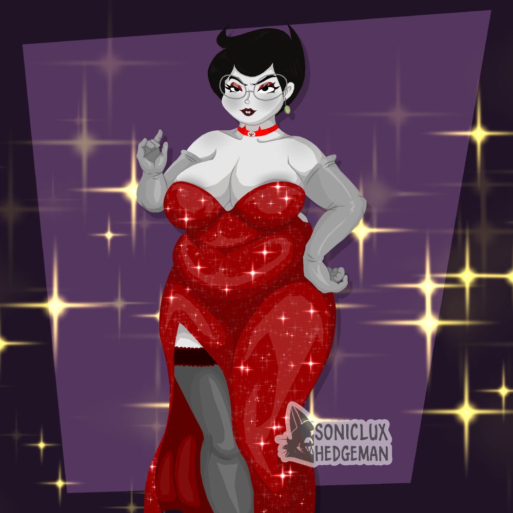 Jane is wearing a Jessica Rabbit looking dress, looking all glamorous and pretty.