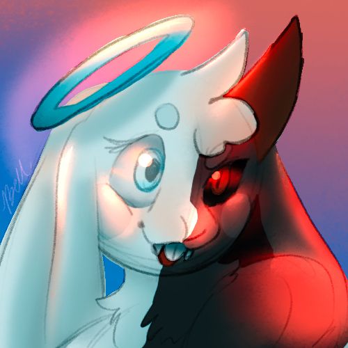 Headshot drawing of a angel-demon split design rabbit