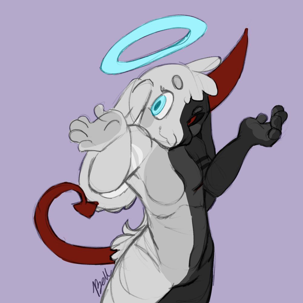 Half body sketch of Lillith the angel-demon split design rabbit