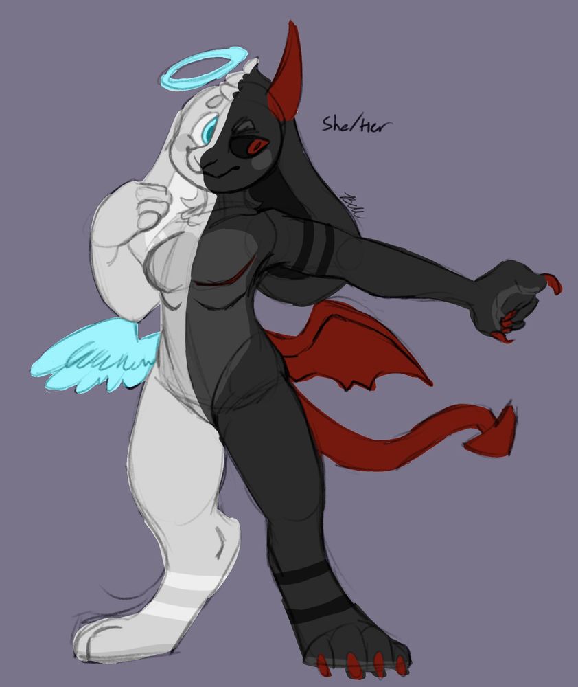 Full sketch of Lillith the angel-demon split design rabbit