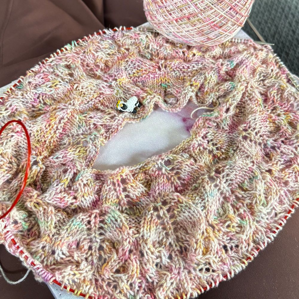 Knitting work in progress. A lacy neckline and yoke of a top.