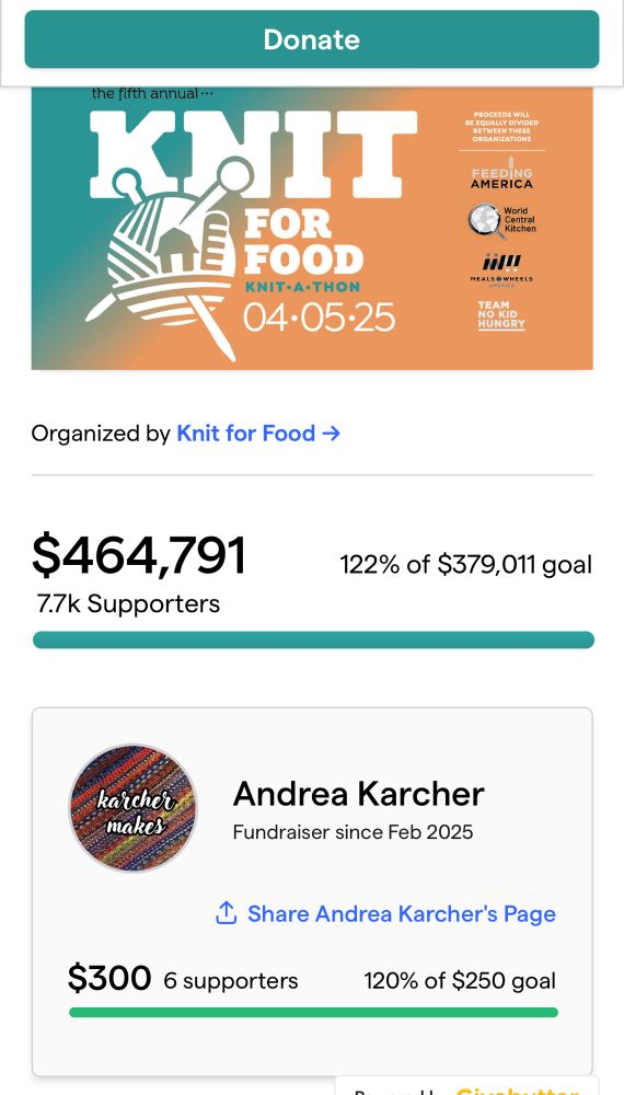 Screenshot showing $464,791 total raised for far for knit for food