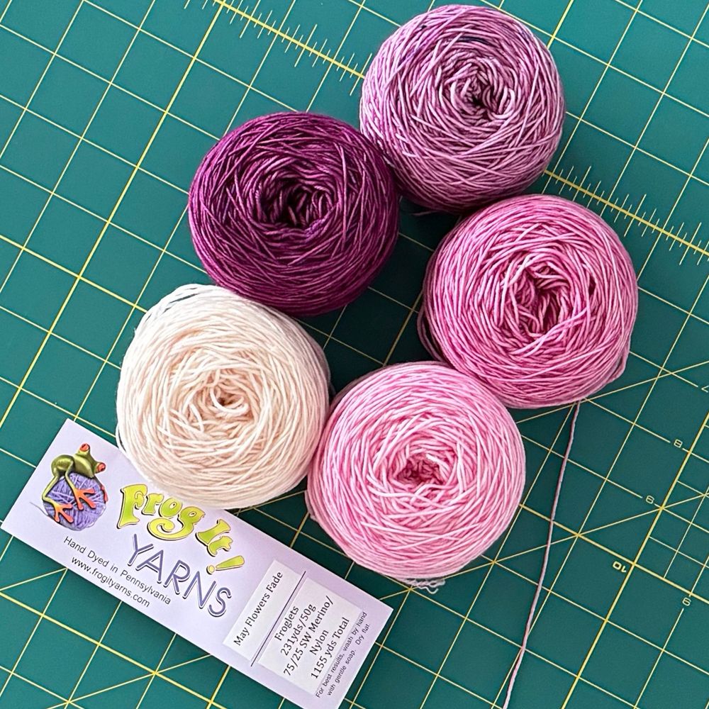 Yarn from FrogIt Yarns - five caked half skeins ranging in tone from pale pink to dark berry
