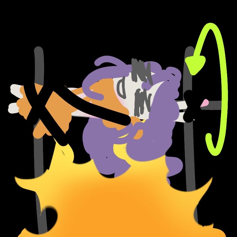 A small figure in an orange out with purple hair  is tied to a spit roast over a large flame. A green circling arrow indicates motion. The figure's face seems to indicate a happy expression. 