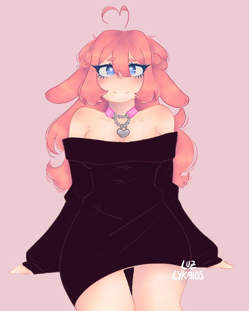 Pink bunny girl original character with blue eyes wearing a dark colored dress and a pink and silver heart collar sitting back against a lighter pink background.