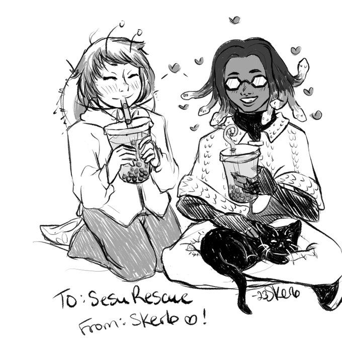 a sketch drawn by Skerbbie, in which Sesu and Skerb are sitting and enjoying boba together with Cobalt resting in Sesu's lap