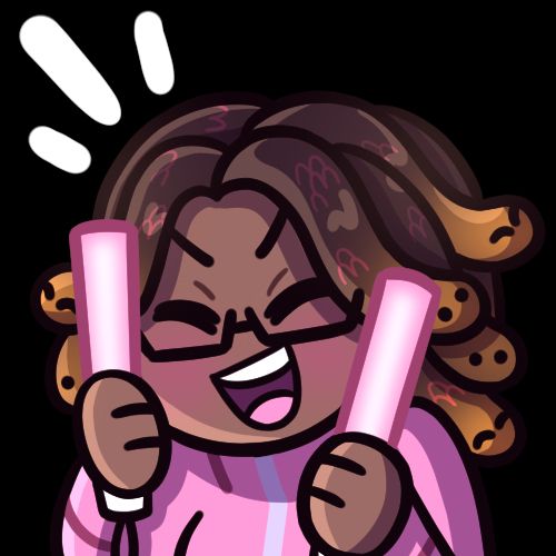 This is an emote of Sesu, a black cozy gorgon vtuber. They have black/blond ombre snake hair and a pink jacket. They are holding light sticks and cheering