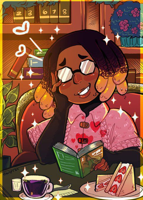 An illustration of Sesu, a dark skinned gorgon vtuber, sitting in a cafe and reading Scum Villain's Self Saving System. The picture also includes Butterfly Pea Tea and a Strawberry sandwich. Created by https://twitter.com/captaingelio