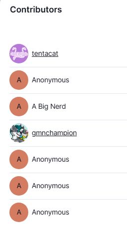  a list of contributors that contributed to the Skagg Tea Kettle. Includes 5 anons, Tentacat, and gmnchampion