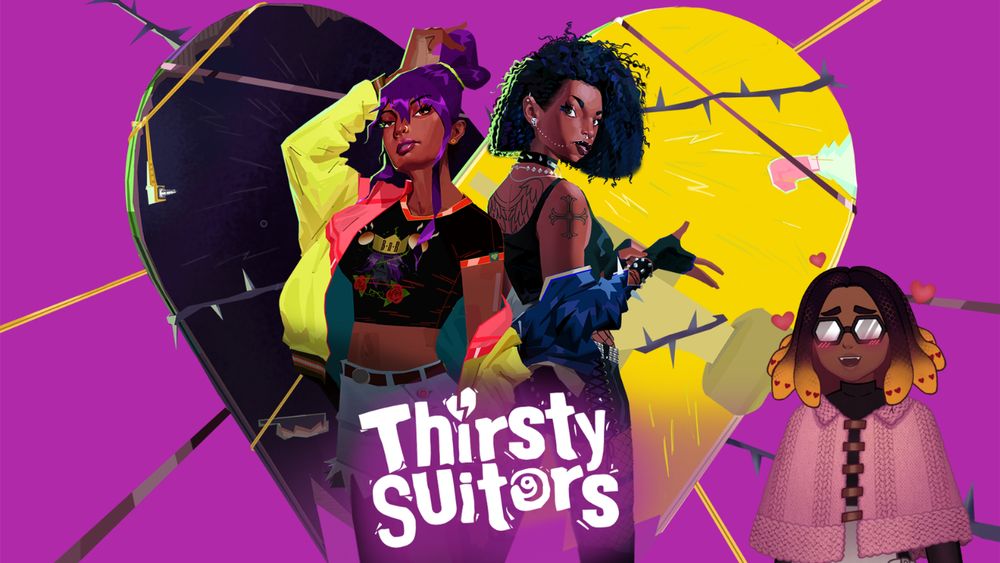 A picture of the cover of Thirsty Suitors, featuring the main character and her main ex-girlfriend in front of a broken heart. Sesu, a dark skinned gorgon, has been photoshopped in and is sending heart eyes at both of them.