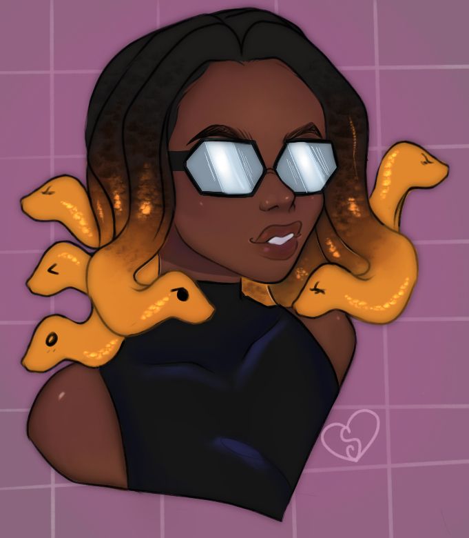 This is a bust illustration of Sesu, a dark skinned Gorgon vtuber