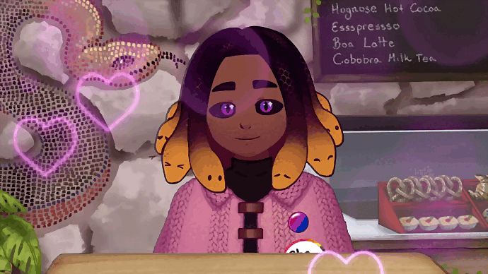 This is an image of Sesu, a black cozy gorgon vtuber. They have black/blonde ombre snake hair and a pink capelet with a bisexual pin on it. They are smiling!