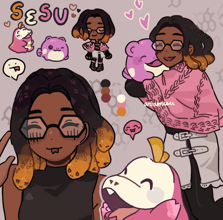 Illustration of Sesu, a dark haired gorgon vtuber, hanging out with shiny Spheal and shiny Fuecoco!