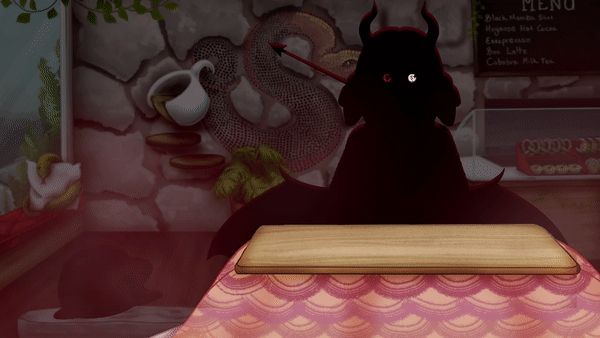 Outlined picture of Sesu, a dark-skinned gorgon vtuber, dressed up for halloween! Sesu is in a darker looking cafe setting, with a kotatu table in front of them and a snake mosaic on the wall behind. There is a cushion next to them, where another figure (Harvey the Seal) is sitting. There is a strange red mist along the bottom of the picture.