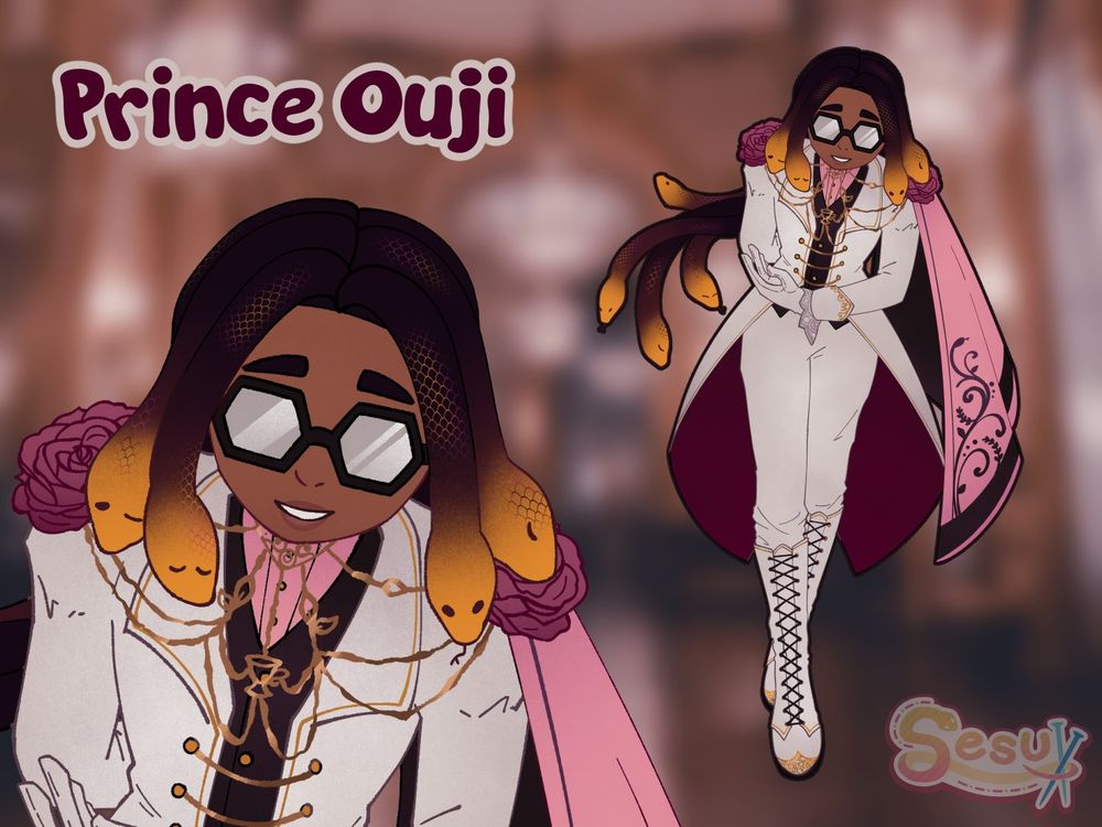 A Prince (Ouji) fashion illustration of Sesu by pen_tatonic. In this fit, Sesu is in an all-white suit with gold embellishments, knee high boots, and a pink cape held in place by flower shoulder pads. Their back snakes are longer, down to their back, and put into a ponytail.