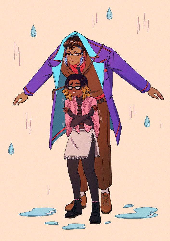 An illustration of Sesu and Isaac in the classic Monthly Girls Nozaki Kun rain scene