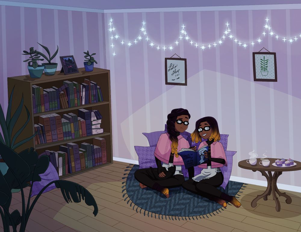 Sesu, a dark haired gorgon vtuber, and their genderbent counterpart, sitting on a cushion and reading a book together.