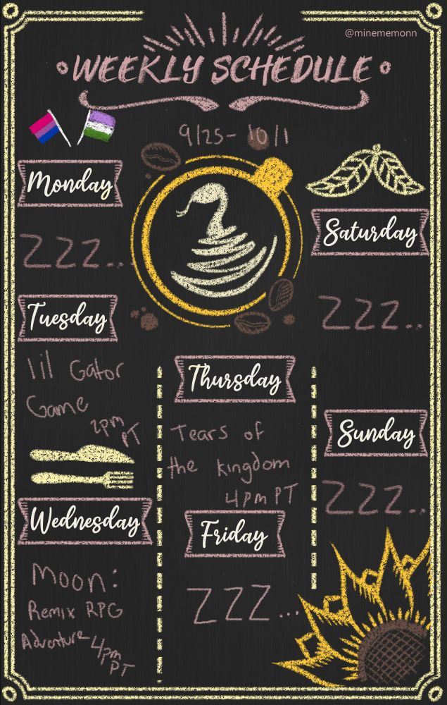 This is Sesu's stream schedule for 9/25/2023 - 10/1/2023:

Monday: No Stream Scheduled.  
Tuesday: Lil Gator Game at 2PM Pacific Time. 
Wednesday: Moon: Remix RPG Adventure at 4PM Pacific Time. 
Thursday: Tears of the Kingdom at 4PM Pacific Time.
Friday: No Stream Scheduled.
Saturday: No Stream Scheduled. 
Sunday: No Stream Scheduled.