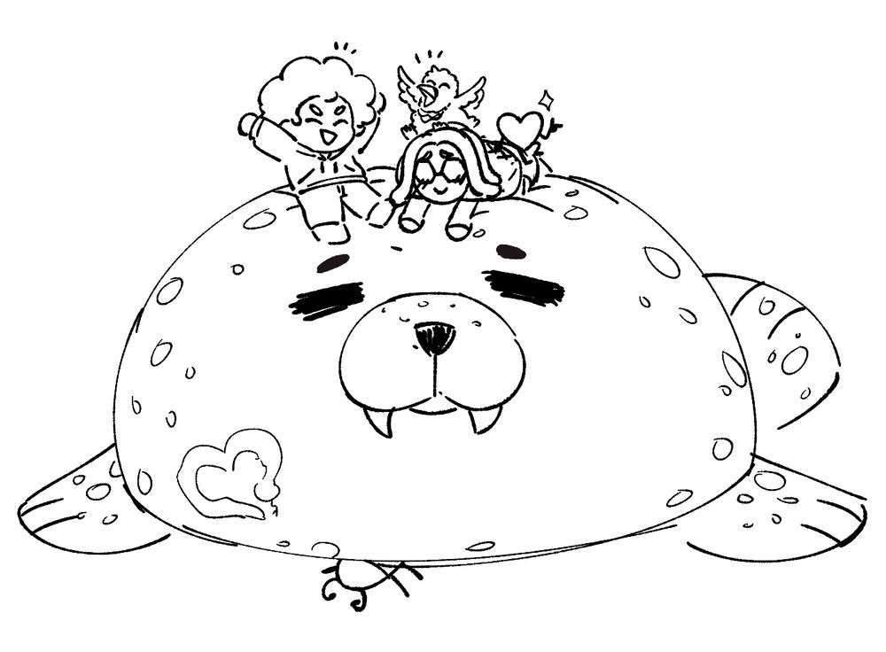 a sketch of sesu, their friend ronny, his bird son/mascot, my pal soul, and Beetle (the artist), all crowding around a giant seal plush