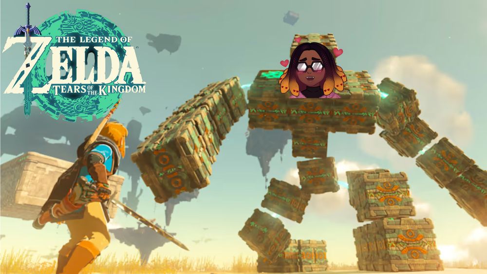 this is an image from Legend of Zelda Tears of the Kingdom. It includes Link facing off against a mechanical monster, except Sesu's head is photoshopped on top