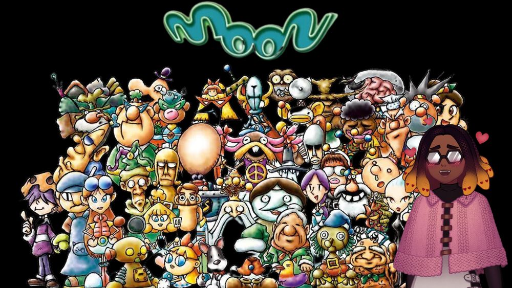 This is a cover page for moon: remix RPG Adventure! It also features a picture of Sesu, a dark skinned gorgon vtuber