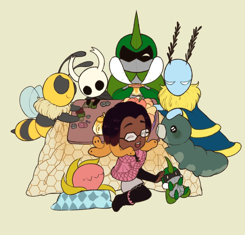 Sesu (dark skinned gorgon vtuber) having a tea party with the main trio of Bug Fables (including Chompy) and the Knight from Hollow Knight, along with a grub from hollow knight.