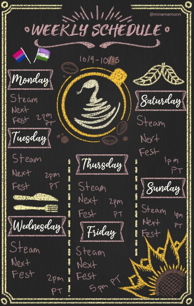 This is Sesu's stream schedule for October 9th to October 15th.

Monday: Steam Next Fest demos at 2PM Pacific Time.
Tuesday: Steam Next Fest demos at 2PM Pacific Time.
Wednesday: Steam Next Fest demos at 2PM Pacific Time.
Thursday: Steam Next Fest demos at 2PM Pacific Time.
Friday: Steam Next Fest demos at 5PM Pacific Time.
Saturday: Steam Next Fest demos at 1PM Pacific Time. 
Sunday: Steam Next Fest demos at 1PM Pacific Time.
