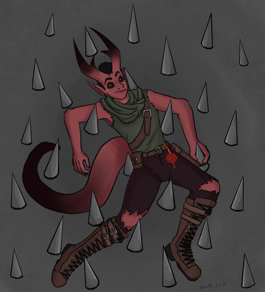 A Tiefling strewn out between spikes, a stunned and frightened expression on his face as he realizes just how badly that could’ve gone.