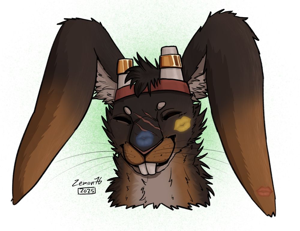 A harengon (rabbit person) smiles with his eyes closed. Three kiss marks are on him: a yellow one on his cheek, a blue one on his nose, and a red one at the top of his ear. He wears a red head tie, and gold on shortened horns.