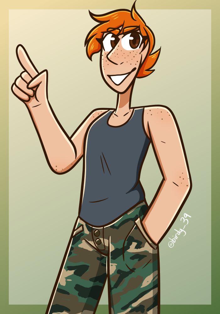 The woman the myth the legend, Toby O’Callaghan. An orange haired girl with freckles poses with her hand in her camo pants grinning.