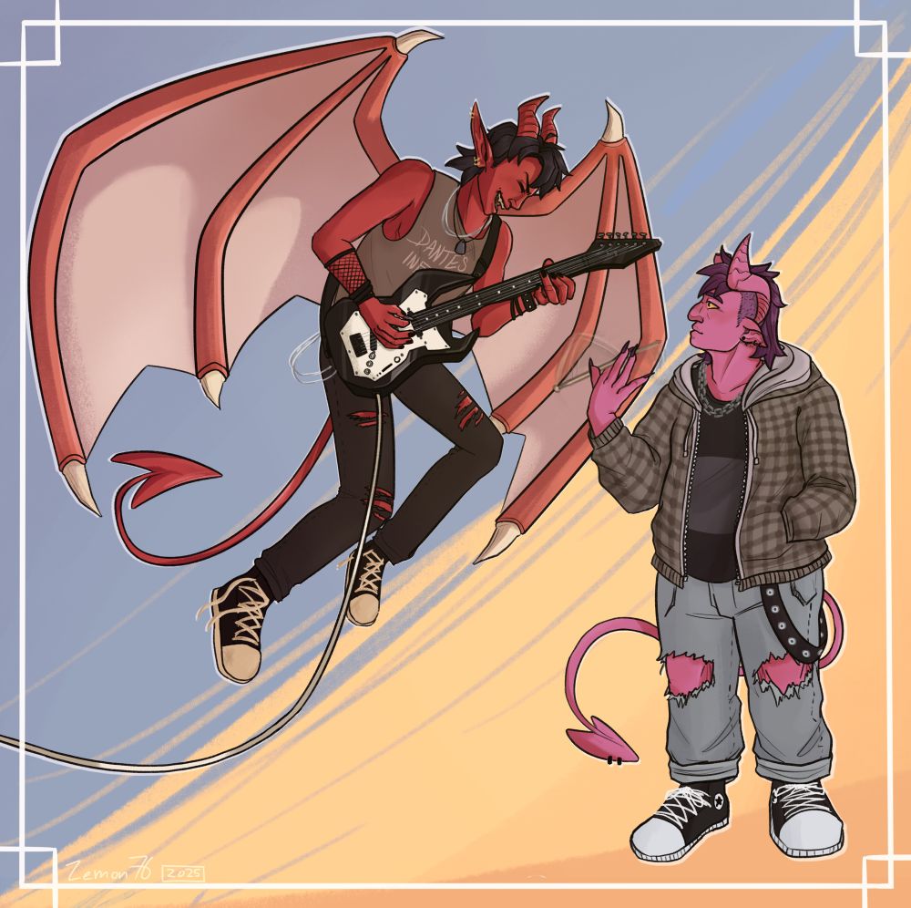 A lanky red winged Tiefling is posed in the air, playing a black and white electric guitar. A shorter pink Tiefling looks up at him, twirling a drumstick. Both are dressed in punk rock style clothing.