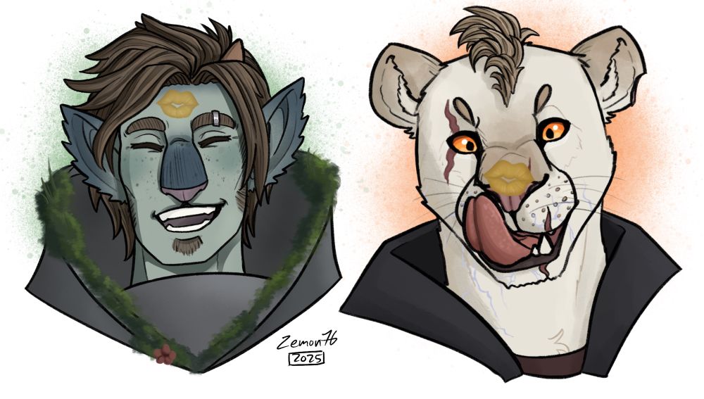 Two busts- one an armored mossy Firbolg who smiles wide with his eyes closed. The other a leonin who looks are her nose, trying to lick it. The firbolg has a yellow kiss on his forehead, the leonin with a kiss on her nose.