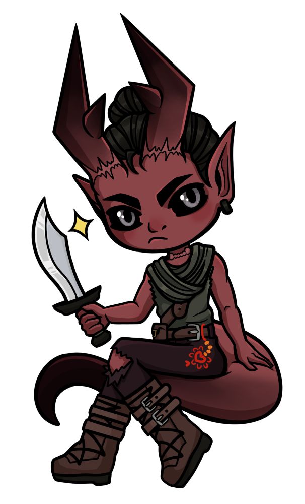 A chibi of a Tiefling holding a dagger