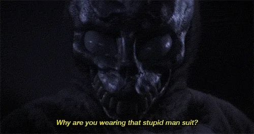 Rabbit from Donnie Darko saying “Why are you wearing that stupid man suit?”