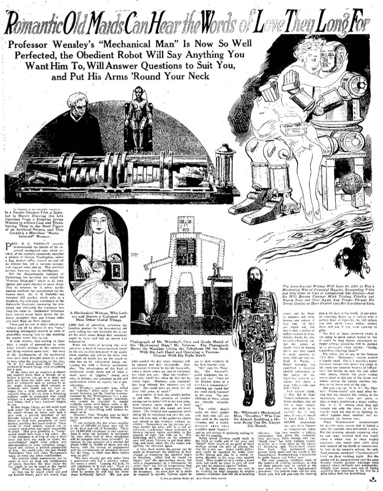 Scan of a 1929 American Weekly newspaper page with headline "Romantic Old Maids Can Hear the Words of Love They Long For" and subhead "Professor Wensley's 'Mechanical Man' Is Now So Well Perfected, the Obedient Robot Will Say Anything You Want Him To, Will Answer Questions to Suit You, and Put His Arms 'Round Your Neck"