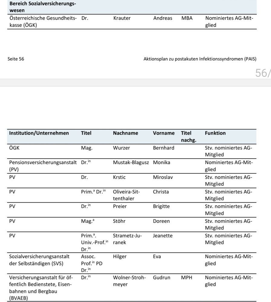Ausschnitt aus der Teilnehmerliste des Aktionsplans, mit u.a. Vertretern von ÖGK und SVS.
