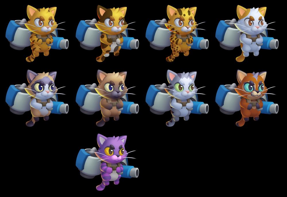 Different cat pattern options. These could eventually have been used as the basis for other characters or event unlock cosmetic options (though that didn't happen as the game never made it out of Soft Launch)